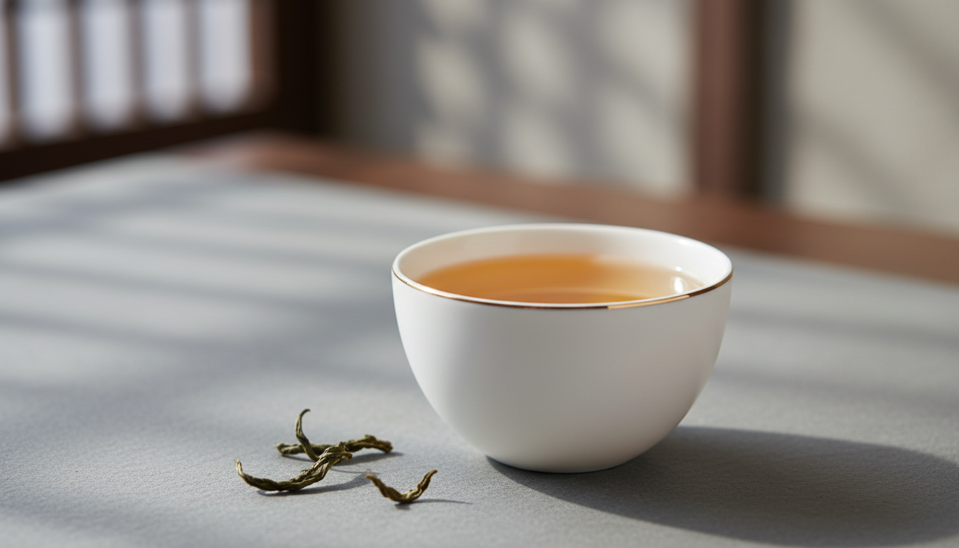 A beautifully styled cup of golden amber tea in a delicate white porcelain cup with a fine, matte finish and minimalist gold rim. The cup rests atop a slate-grey stone surface, with a few loose tea leaves scattered gracefully beside it. The background is softly blurred, muted in gentle greys and neutral earth tones, evoking a refined tea room. Soft, diffused early morning light filters in from the side, casting elegant shadows and a subtle luminance over the scene. The mood is calm, sophisticated, and inviting, with an eye-level composition and shallow depth of field to highlight the tea's clarity and the minimalist arrangement. Photographic realism and refined details echo the essence of a modern, premium tea brand rooted in tradition.