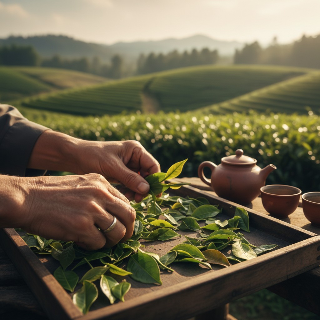 A person selects tea leaves from a wooden tray.